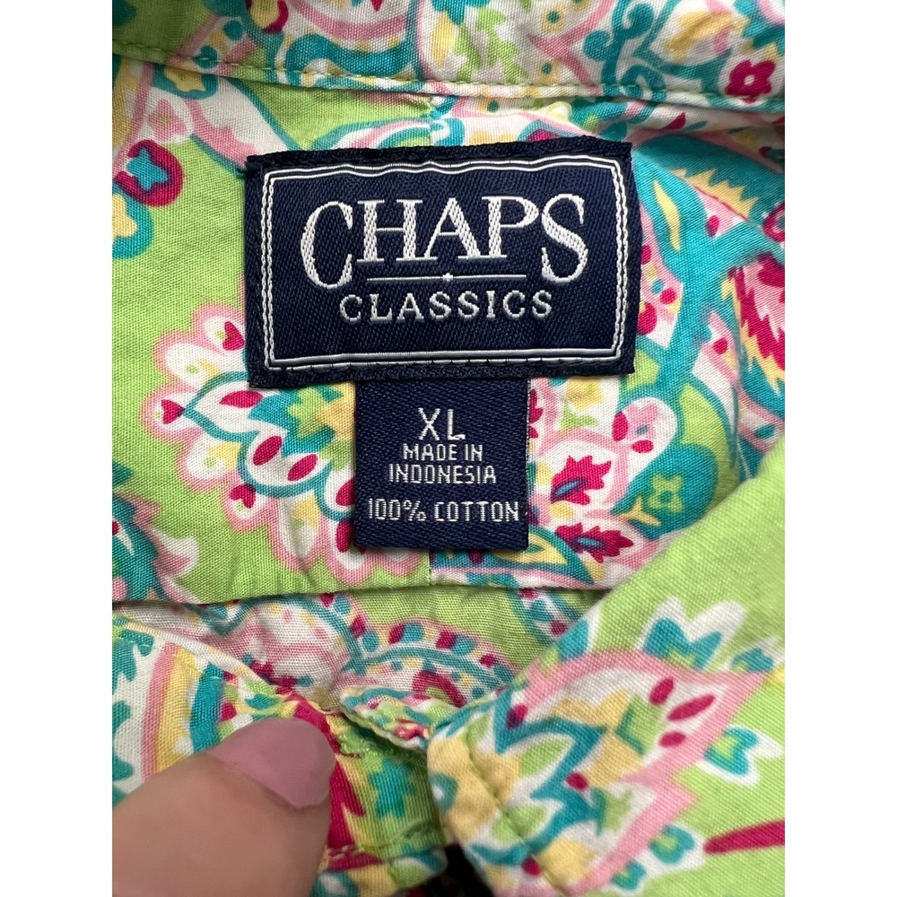 Chaps Classics Shirt Womens XL Green Pink Paisley Cotton 3/4 Sleeve Button Down - Picture 7 of 8